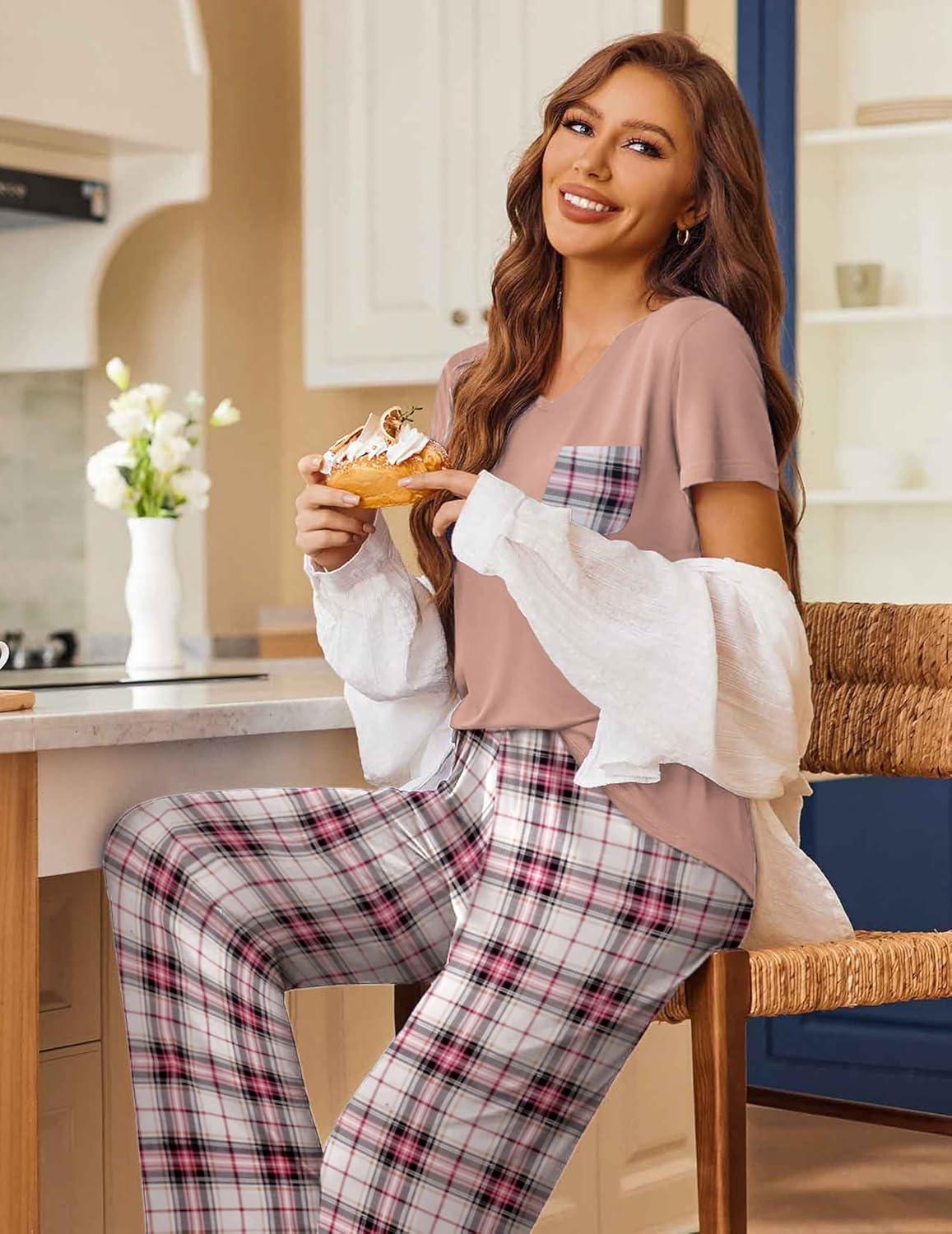 imageEkouaer Pajama Sets for Women Short Sleeve Pj Set V Neck Sleepwear Chest Pocket with Long Pants Casual Loose LoungewearPink Plaid