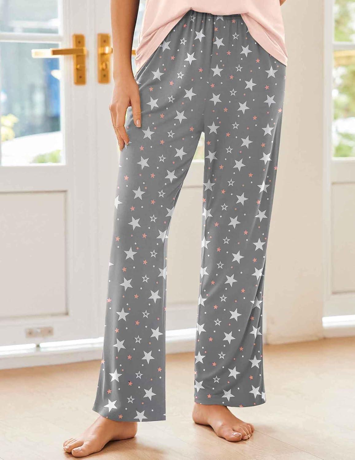 imageEkouaer Pajama Sets for Women Short Sleeve Pj Set V Neck Sleepwear Chest Pocket with Long Pants Casual Loose LoungewearPinkgrey Star