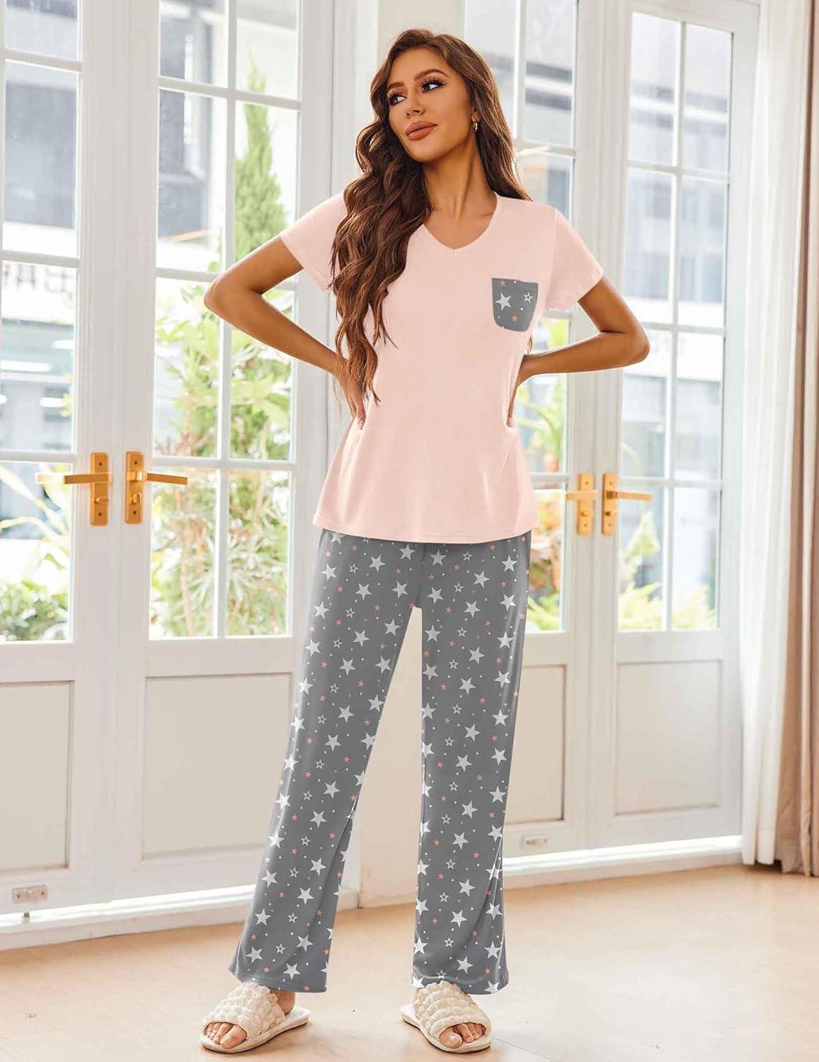 imageEkouaer Pajama Sets for Women Short Sleeve Pj Set V Neck Sleepwear Chest Pocket with Long Pants Casual Loose LoungewearPinkgrey Star
