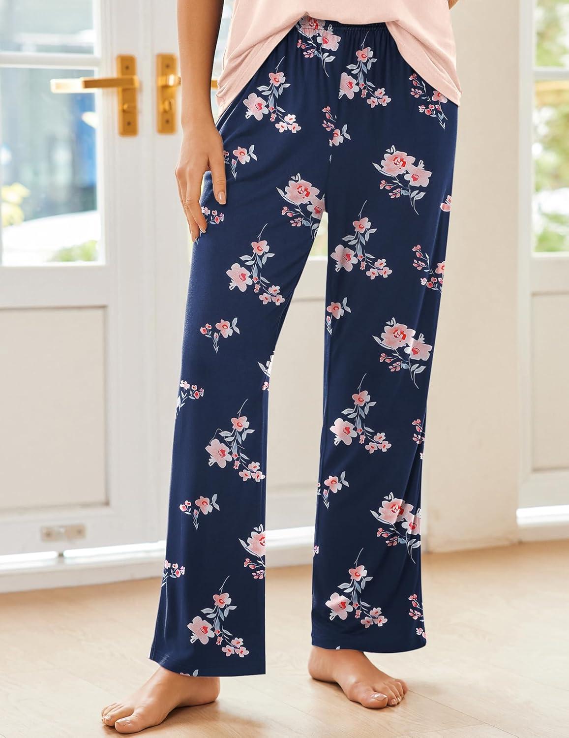 imageEkouaer Pajama Sets for Women Short Sleeve Pj Set V Neck Sleepwear Chest Pocket with Long Pants Casual Loose LoungewearPinknavy Flower