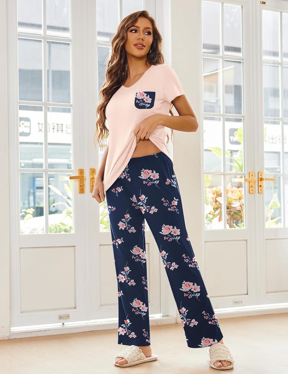 imageEkouaer Pajama Sets for Women Short Sleeve Pj Set V Neck Sleepwear Chest Pocket with Long Pants Casual Loose LoungewearPinknavy Flower