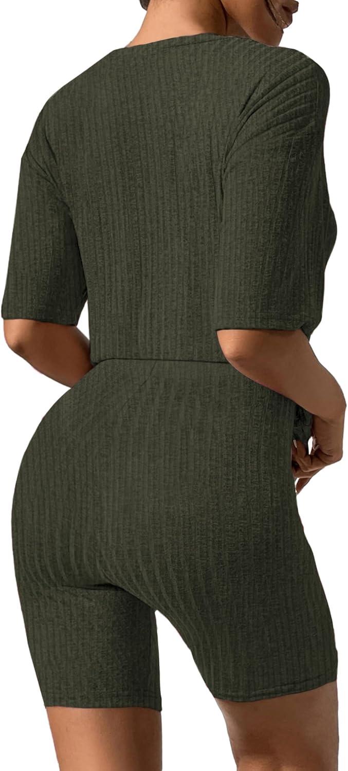 imageEkouaer Pajamas 2 Piece Lounge Sets Ribbed Knit Matching Outfits Tshirt Biker Shorts Sleepwear Loungewear SweatsuitsArmy Green