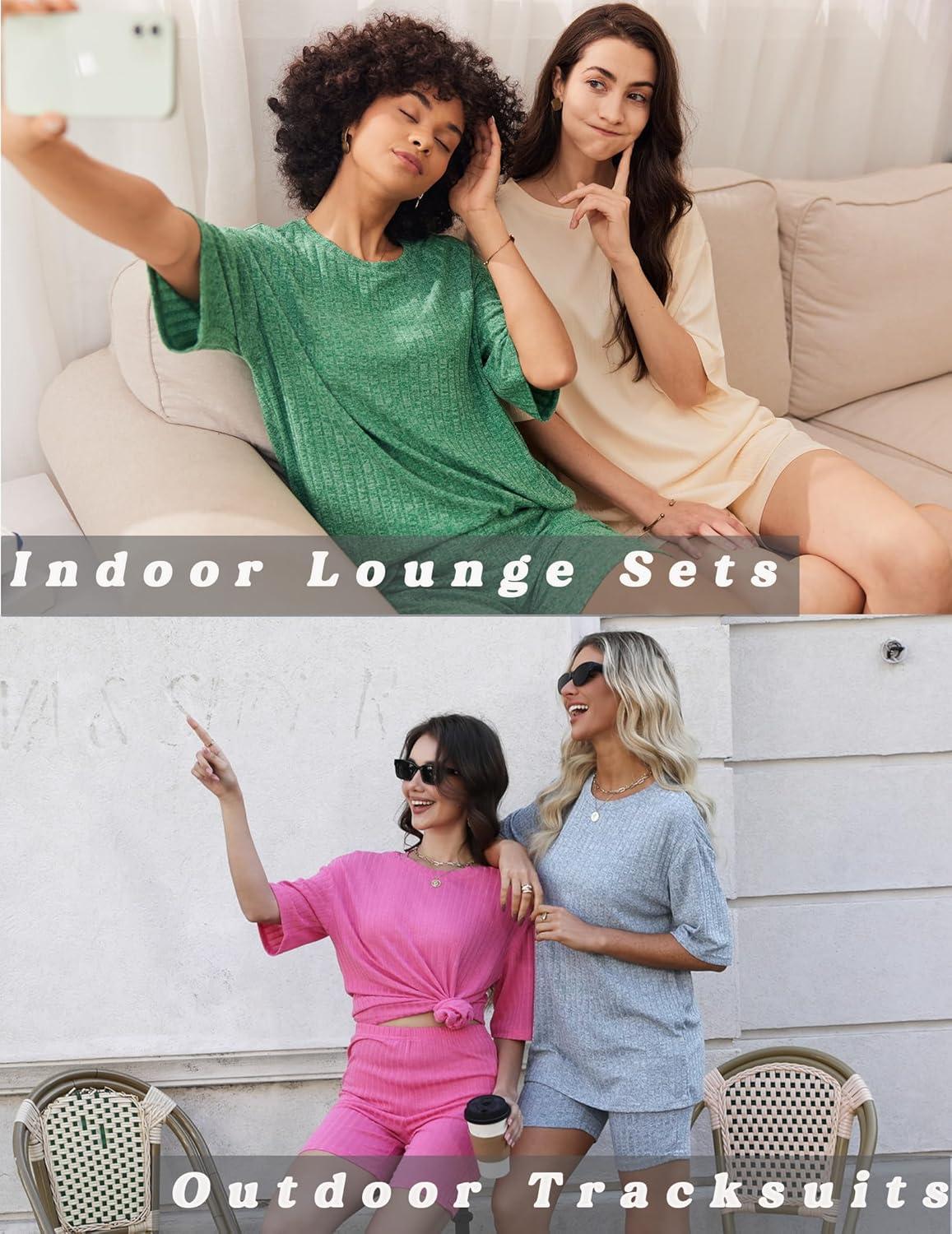 imageEkouaer Pajamas 2 Piece Lounge Sets Ribbed Knit Matching Outfits Tshirt Biker Shorts Sleepwear Loungewear SweatsuitsBlack Print