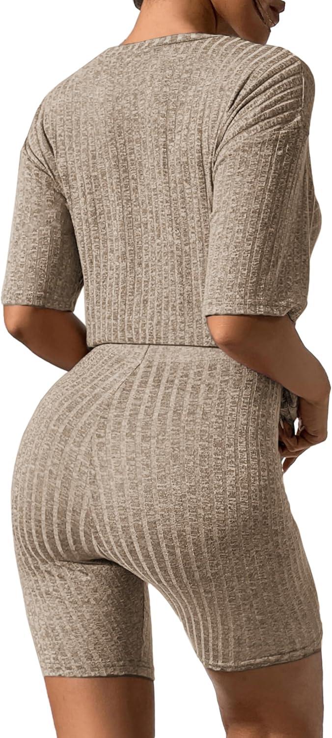 imageEkouaer Pajamas 2 Piece Lounge Sets Ribbed Knit Matching Outfits Tshirt Biker Shorts Sleepwear Loungewear SweatsuitsCamel
