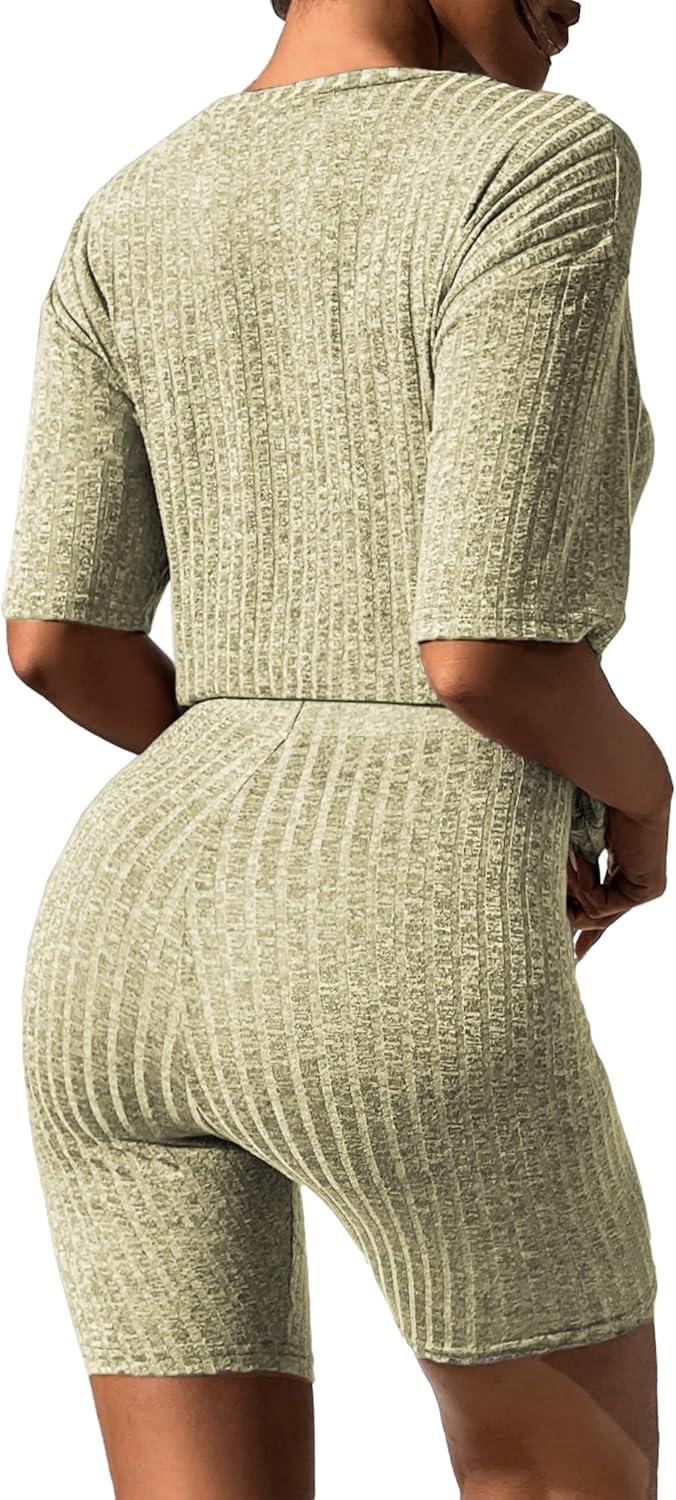 imageEkouaer Pajamas 2 Piece Lounge Sets Ribbed Knit Matching Outfits Tshirt Biker Shorts Sleepwear Loungewear SweatsuitsGray Green