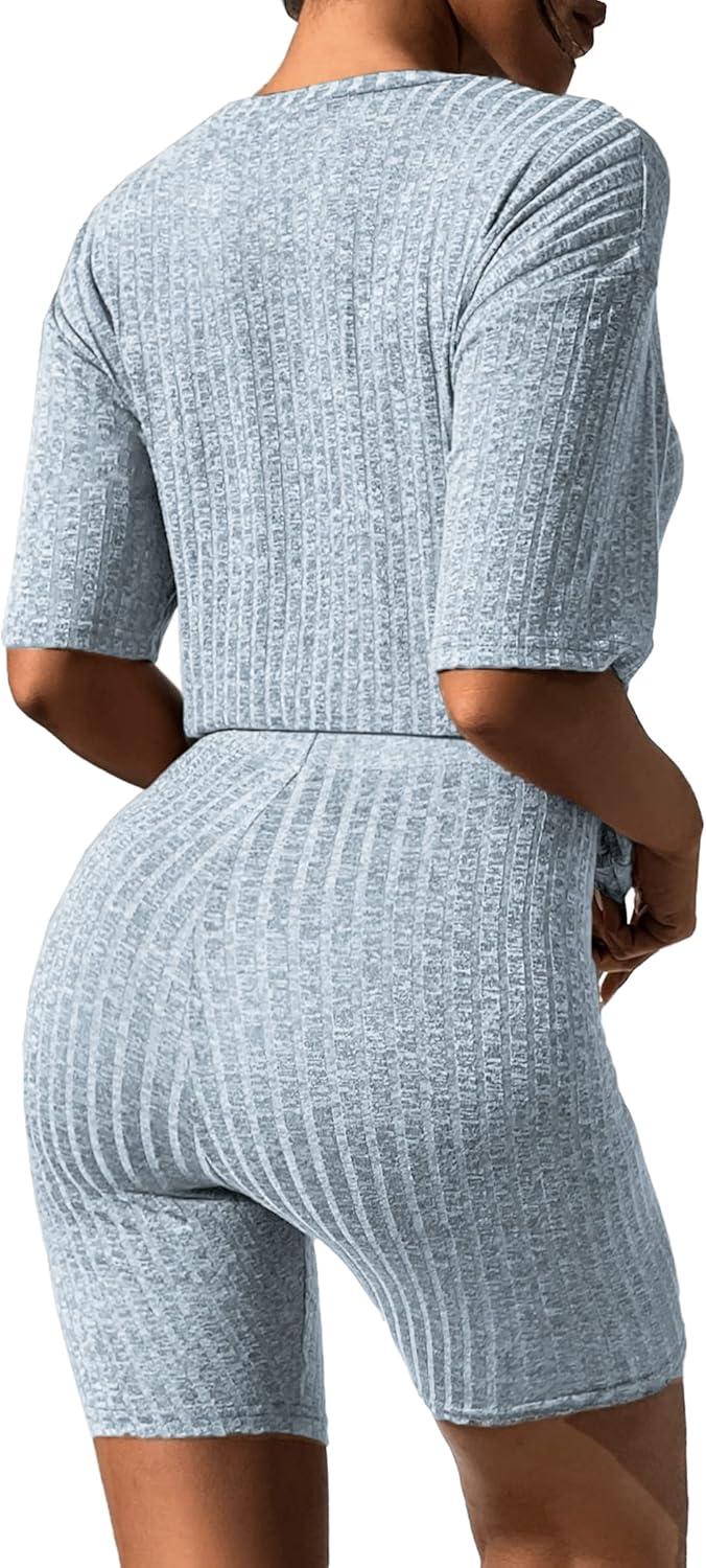imageEkouaer Pajamas 2 Piece Lounge Sets Ribbed Knit Matching Outfits Tshirt Biker Shorts Sleepwear Loungewear SweatsuitsLight Blue