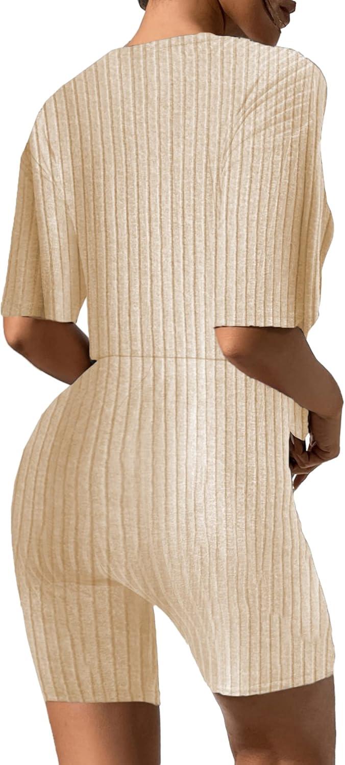 imageEkouaer Pajamas 2 Piece Lounge Sets Ribbed Knit Matching Outfits Tshirt Biker Shorts Sleepwear Loungewear SweatsuitsYellow