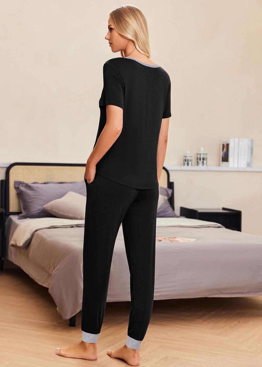 imageEkouaer Pajamas for Women Set 2 Piece Lounge Set Short Sleeve Pjs Joggers Long Pants Sleepwear with PocketsBlack