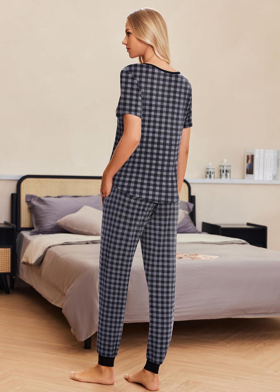 imageEkouaer Pajamas for Women Set 2 Piece Lounge Set Short Sleeve Pjs Joggers Long Pants Sleepwear with PocketsBlack Plaid