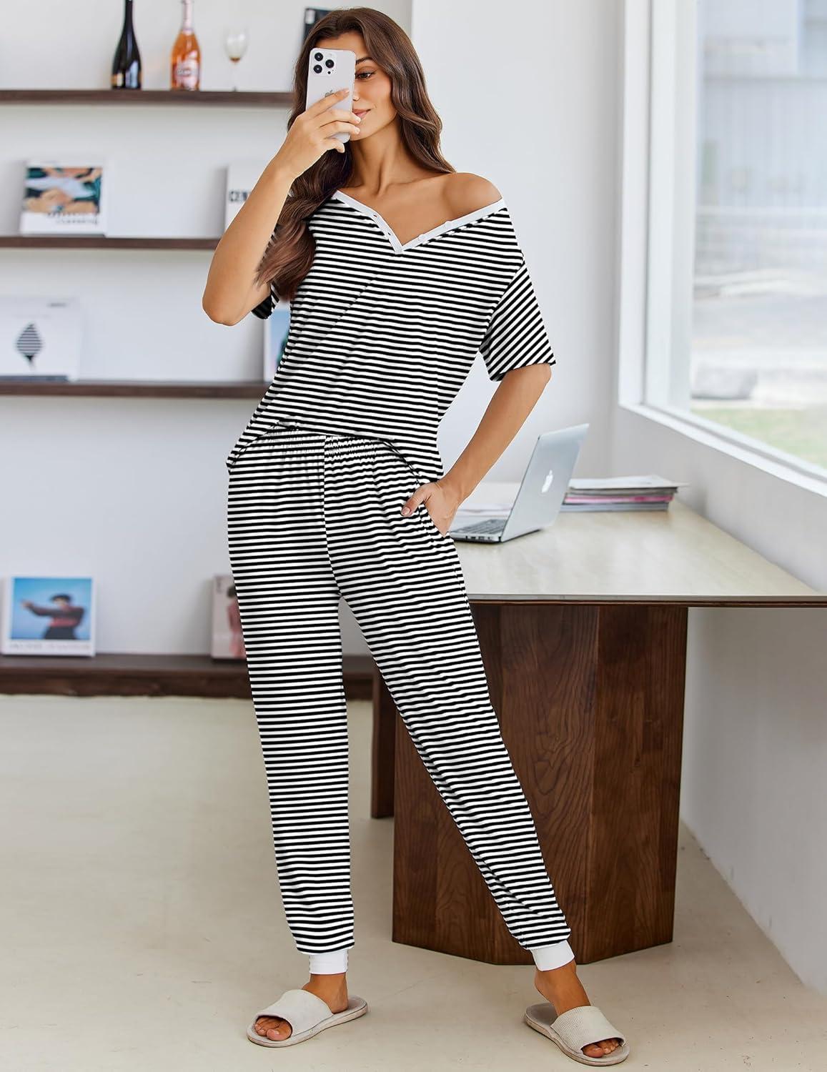 imageEkouaer Pajamas for Women Set 2 Piece Lounge Set Short Sleeve Pjs Joggers Long Pants Sleepwear with PocketsBlack Stripe