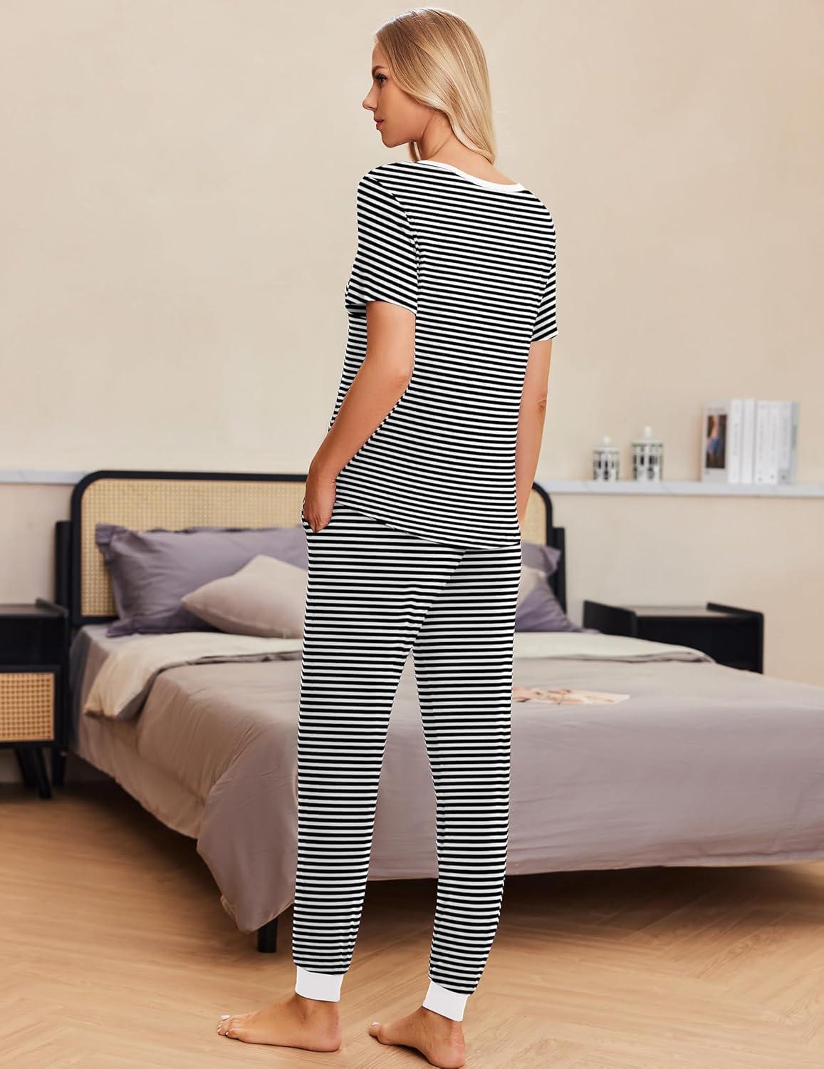 imageEkouaer Pajamas for Women Set 2 Piece Lounge Set Short Sleeve Pjs Joggers Long Pants Sleepwear with PocketsBlack Stripe
