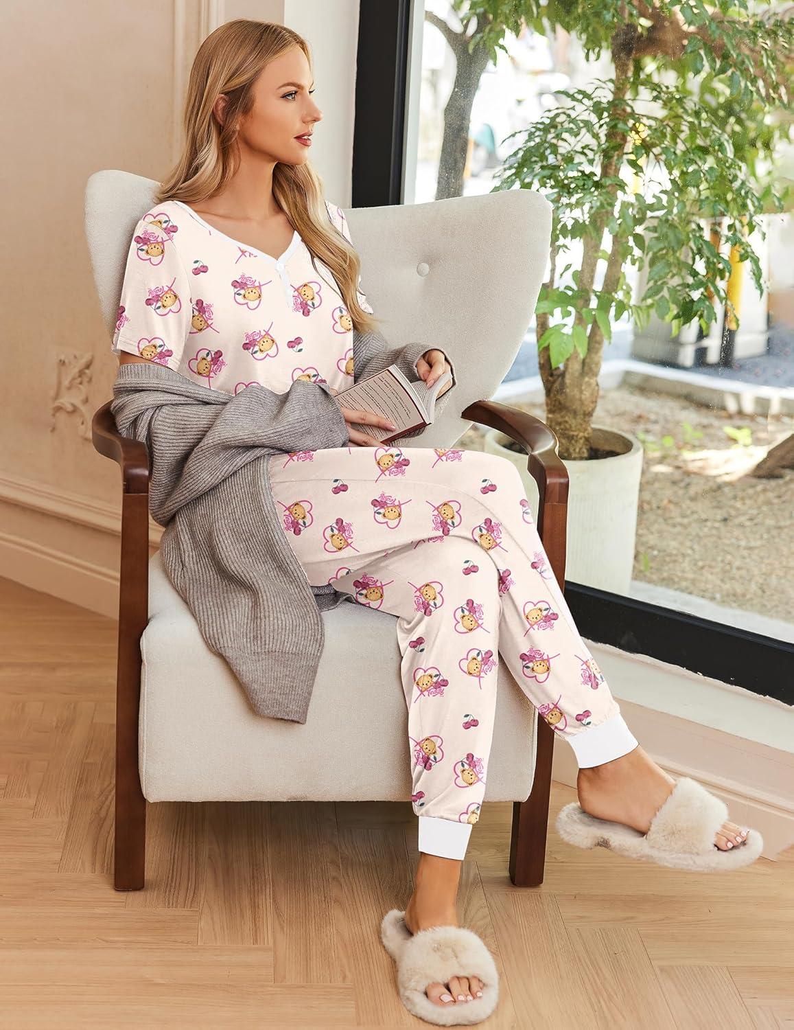 imageEkouaer Pajamas for Women Set 2 Piece Lounge Set Short Sleeve Pjs Joggers Long Pants Sleepwear with PocketsChampagne Teddy