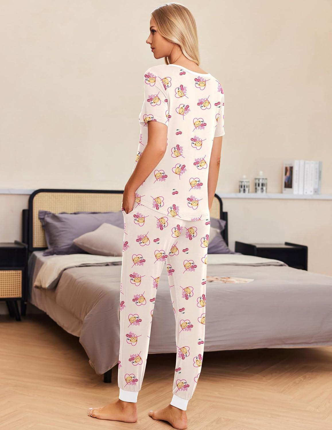 imageEkouaer Pajamas for Women Set 2 Piece Lounge Set Short Sleeve Pjs Joggers Long Pants Sleepwear with PocketsChampagne Teddy