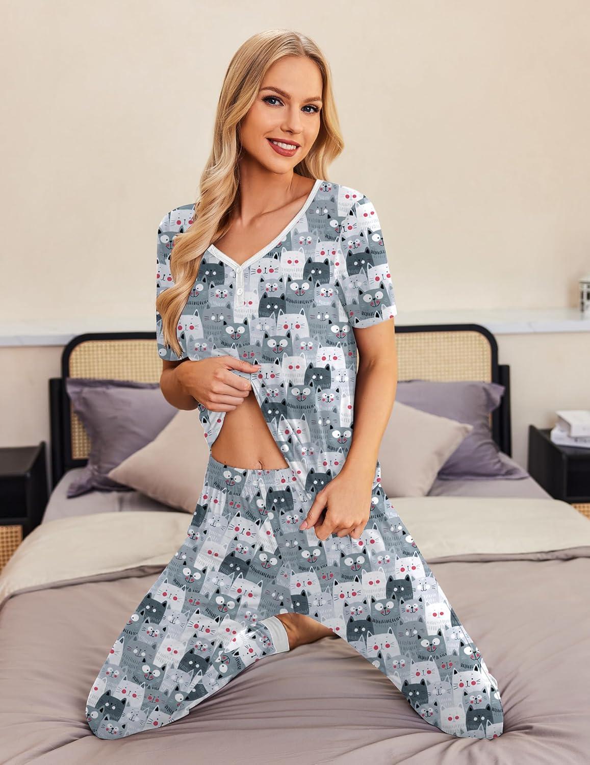 imageEkouaer Pajamas for Women Set 2 Piece Lounge Set Short Sleeve Pjs Joggers Long Pants Sleepwear with PocketsGery Cat