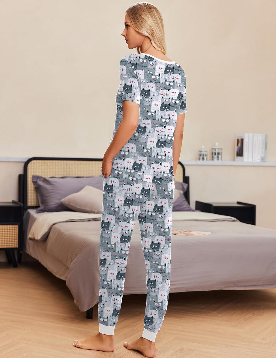 imageEkouaer Pajamas for Women Set 2 Piece Lounge Set Short Sleeve Pjs Joggers Long Pants Sleepwear with PocketsGery Cat