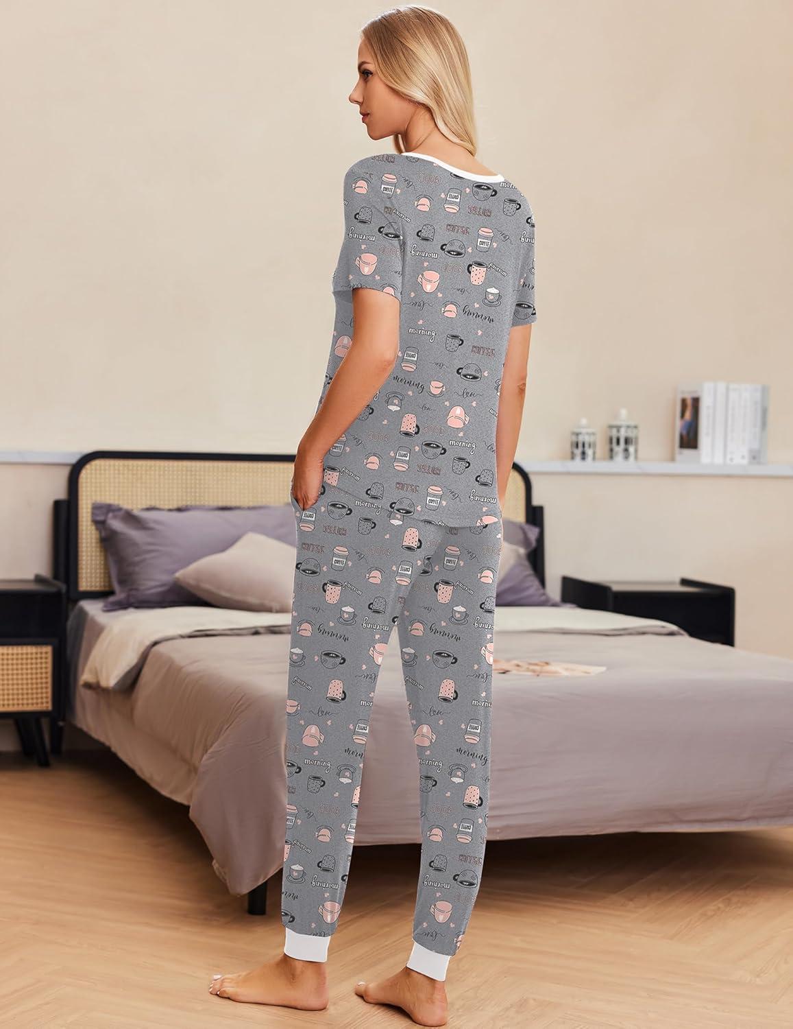 imageEkouaer Pajamas for Women Set 2 Piece Lounge Set Short Sleeve Pjs Joggers Long Pants Sleepwear with PocketsGery Coffee