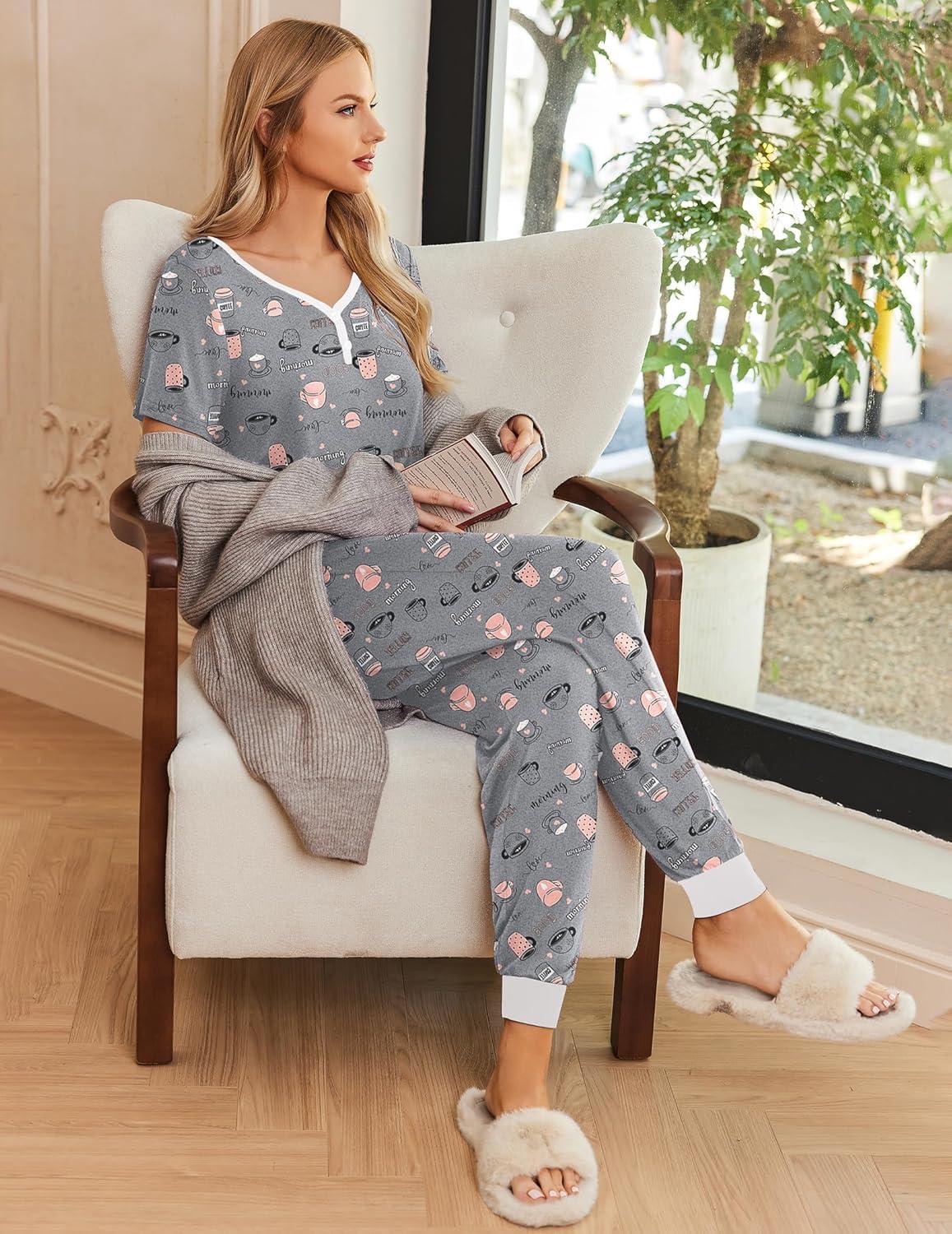 imageEkouaer Pajamas for Women Set 2 Piece Lounge Set Short Sleeve Pjs Joggers Long Pants Sleepwear with PocketsGery Coffee