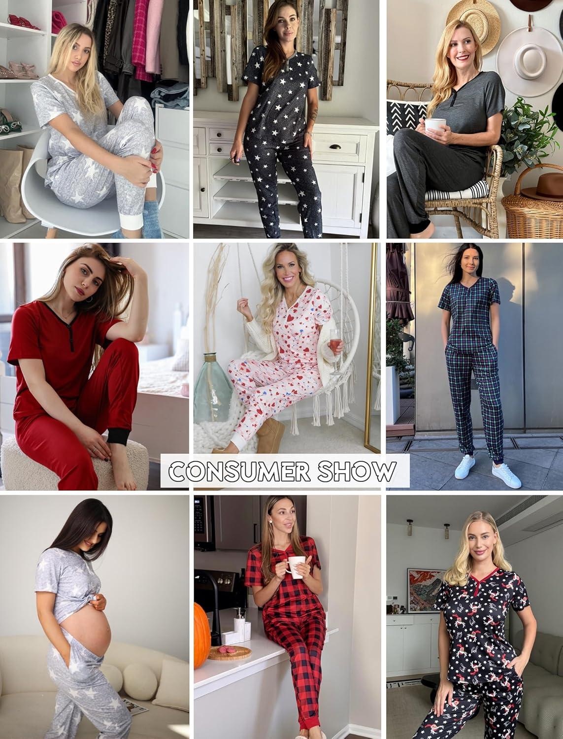 imageEkouaer Pajamas for Women Set 2 Piece Lounge Set Short Sleeve Pjs Joggers Long Pants Sleepwear with PocketsGreen Heart
