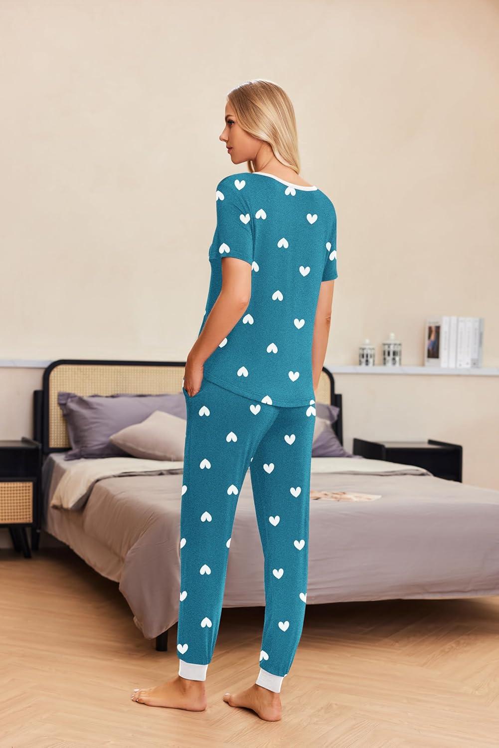 imageEkouaer Pajamas for Women Set 2 Piece Lounge Set Short Sleeve Pjs Joggers Long Pants Sleepwear with PocketsGreen Heart