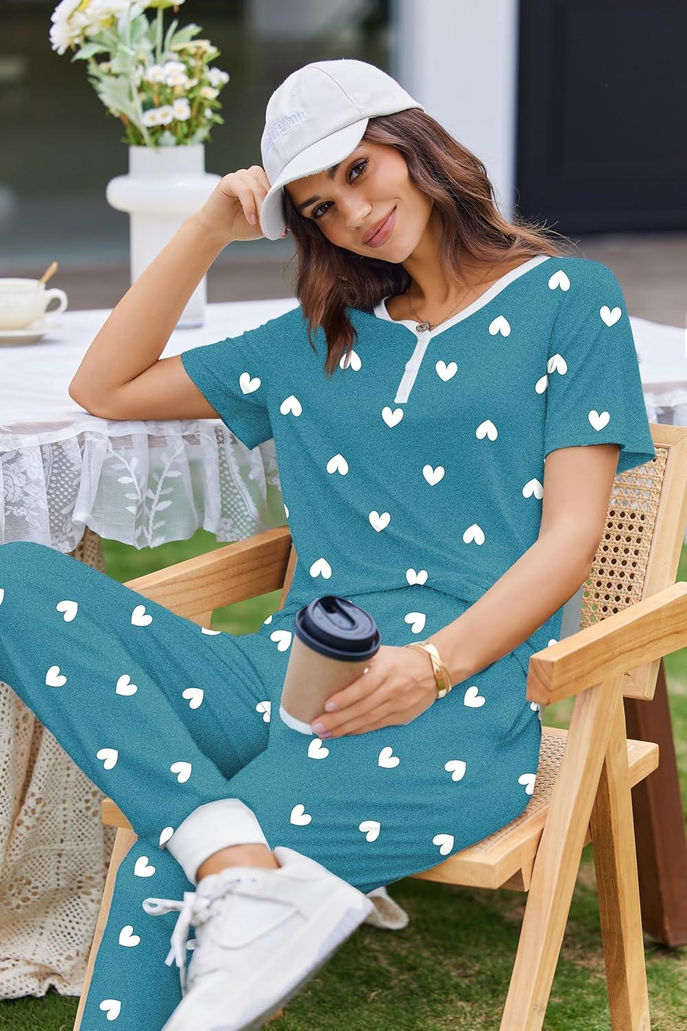 imageEkouaer Pajamas for Women Set 2 Piece Lounge Set Short Sleeve Pjs Joggers Long Pants Sleepwear with PocketsGreen Heart