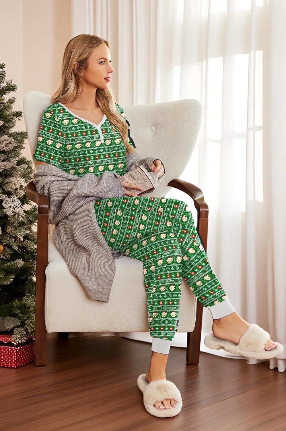 imageEkouaer Pajamas for Women Set 2 Piece Lounge Set Short Sleeve Pjs Joggers Long Pants Sleepwear with PocketsGreenteddy Christmas