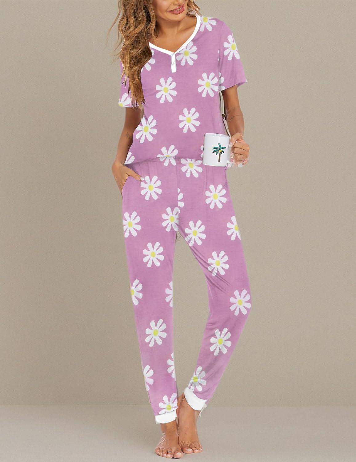 imageEkouaer Pajamas for Women Set 2 Piece Lounge Set Short Sleeve Pjs Joggers Long Pants Sleepwear with PocketsPink Flower