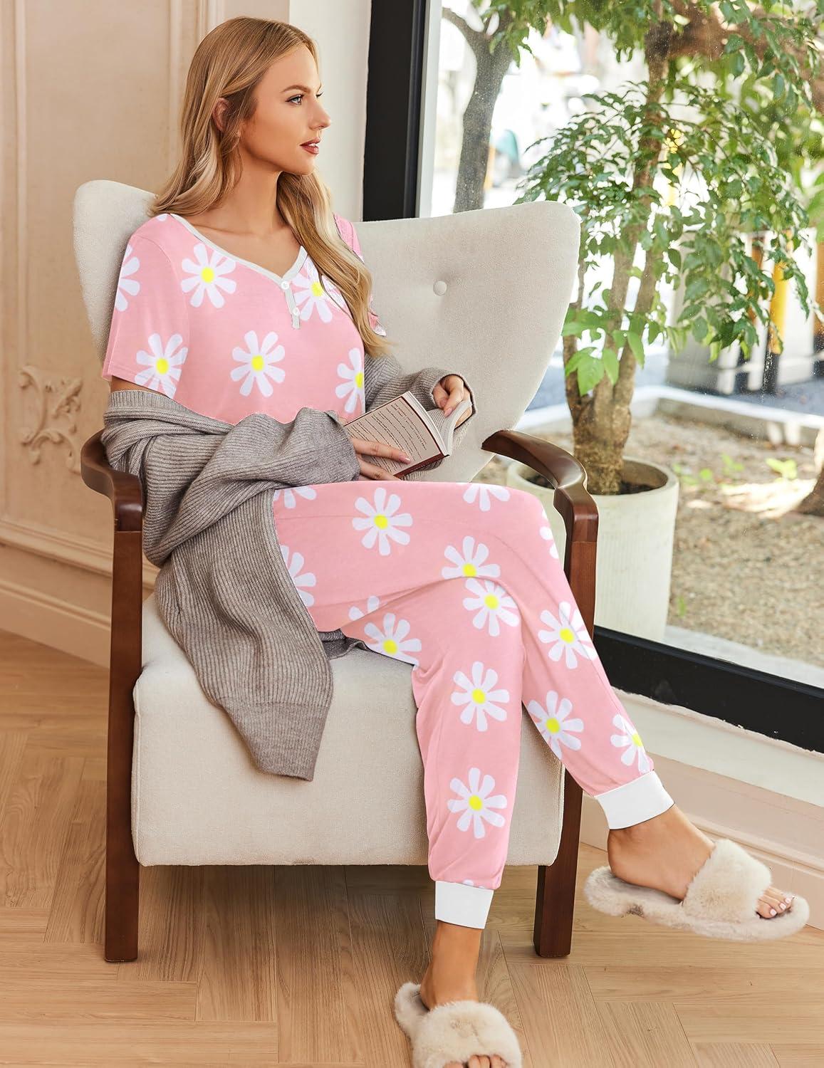 imageEkouaer Pajamas for Women Set 2 Piece Lounge Set Short Sleeve Pjs Joggers Long Pants Sleepwear with PocketsPink Flower