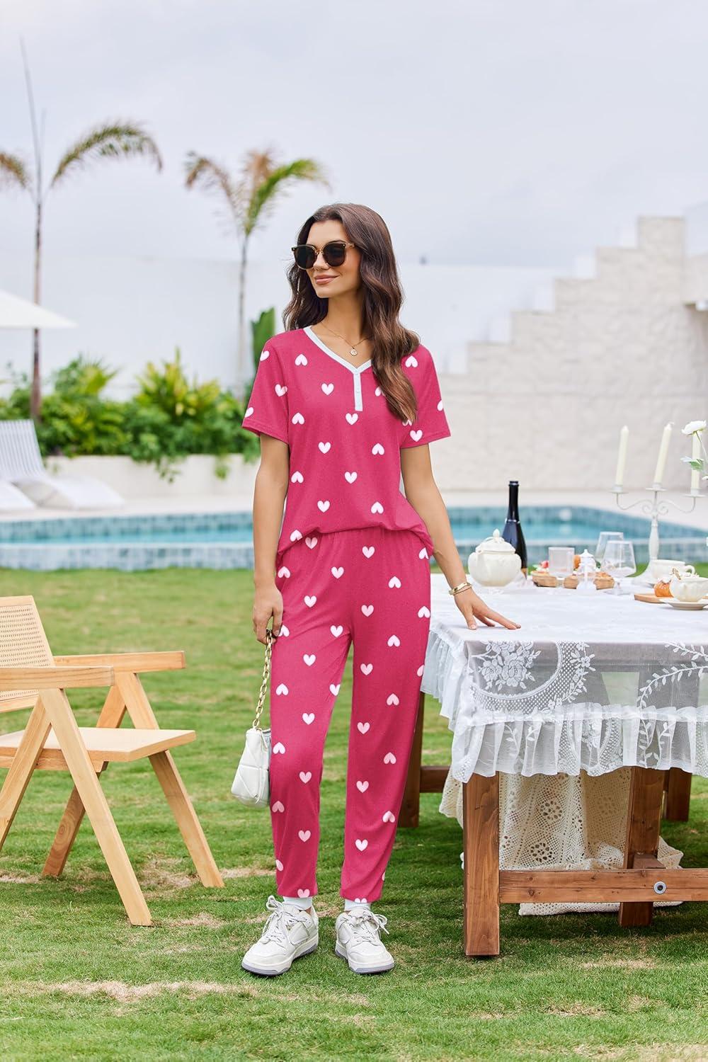 imageEkouaer Pajamas for Women Set 2 Piece Lounge Set Short Sleeve Pjs Joggers Long Pants Sleepwear with PocketsPink Heart