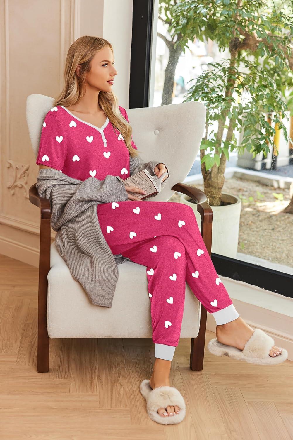 imageEkouaer Pajamas for Women Set 2 Piece Lounge Set Short Sleeve Pjs Joggers Long Pants Sleepwear with PocketsPink Heart