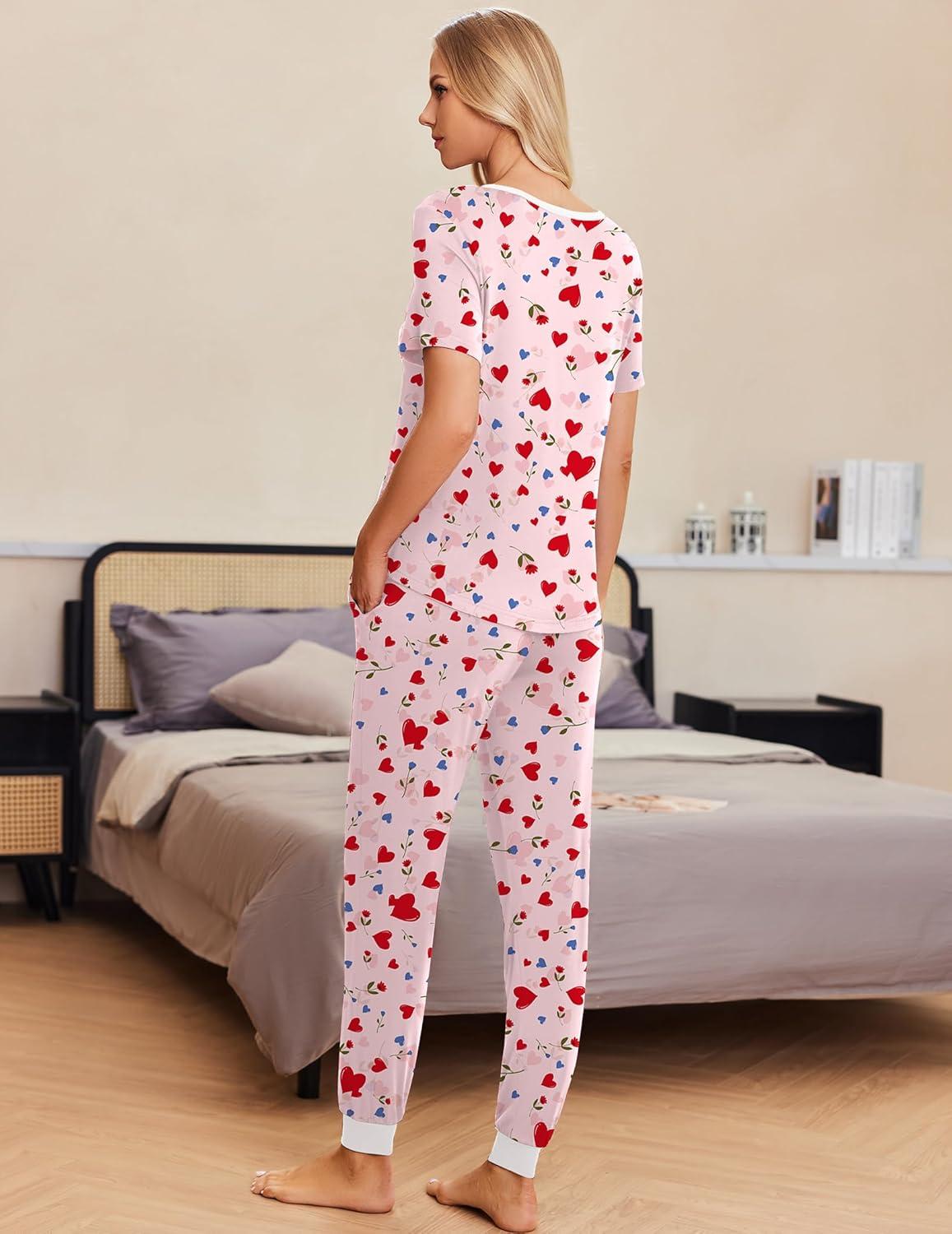 imageEkouaer Pajamas for Women Set 2 Piece Lounge Set Short Sleeve Pjs Joggers Long Pants Sleepwear with PocketsPinklove