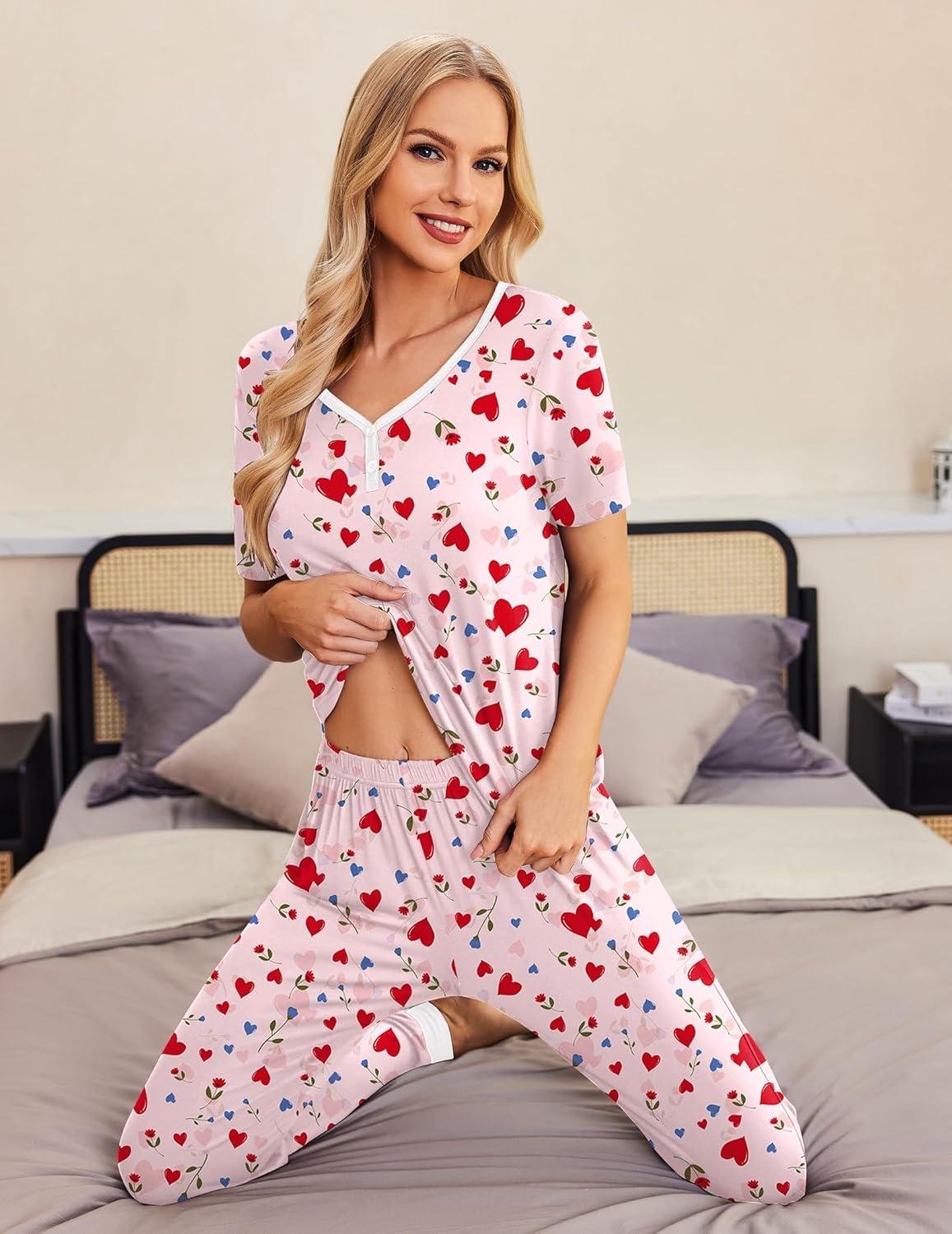 imageEkouaer Pajamas for Women Set 2 Piece Lounge Set Short Sleeve Pjs Joggers Long Pants Sleepwear with PocketsPinklove