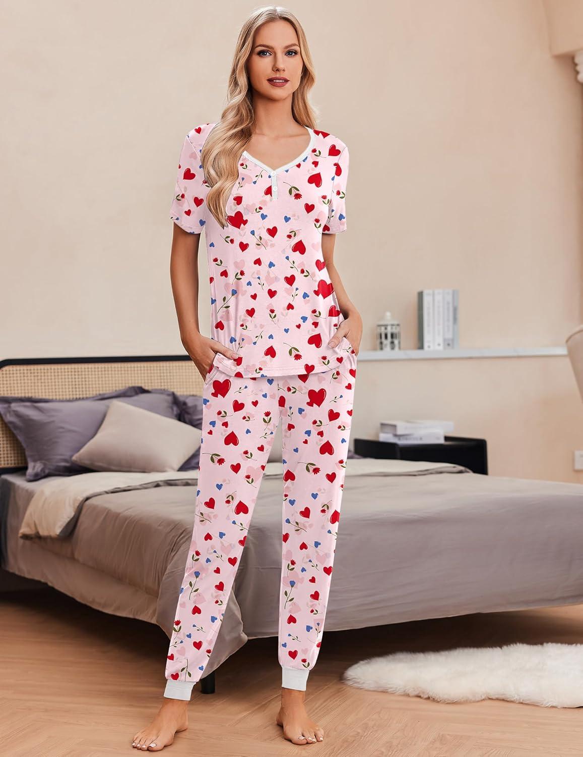 imageEkouaer Pajamas for Women Set 2 Piece Lounge Set Short Sleeve Pjs Joggers Long Pants Sleepwear with PocketsPinklove