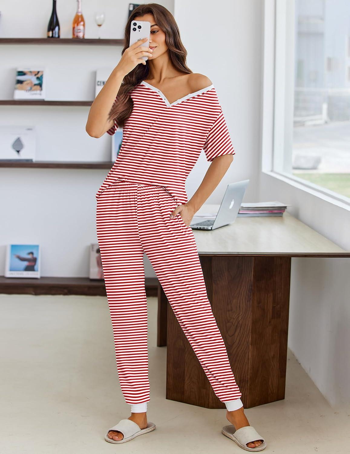 imageEkouaer Pajamas for Women Set 2 Piece Lounge Set Short Sleeve Pjs Joggers Long Pants Sleepwear with PocketsRed Stripe