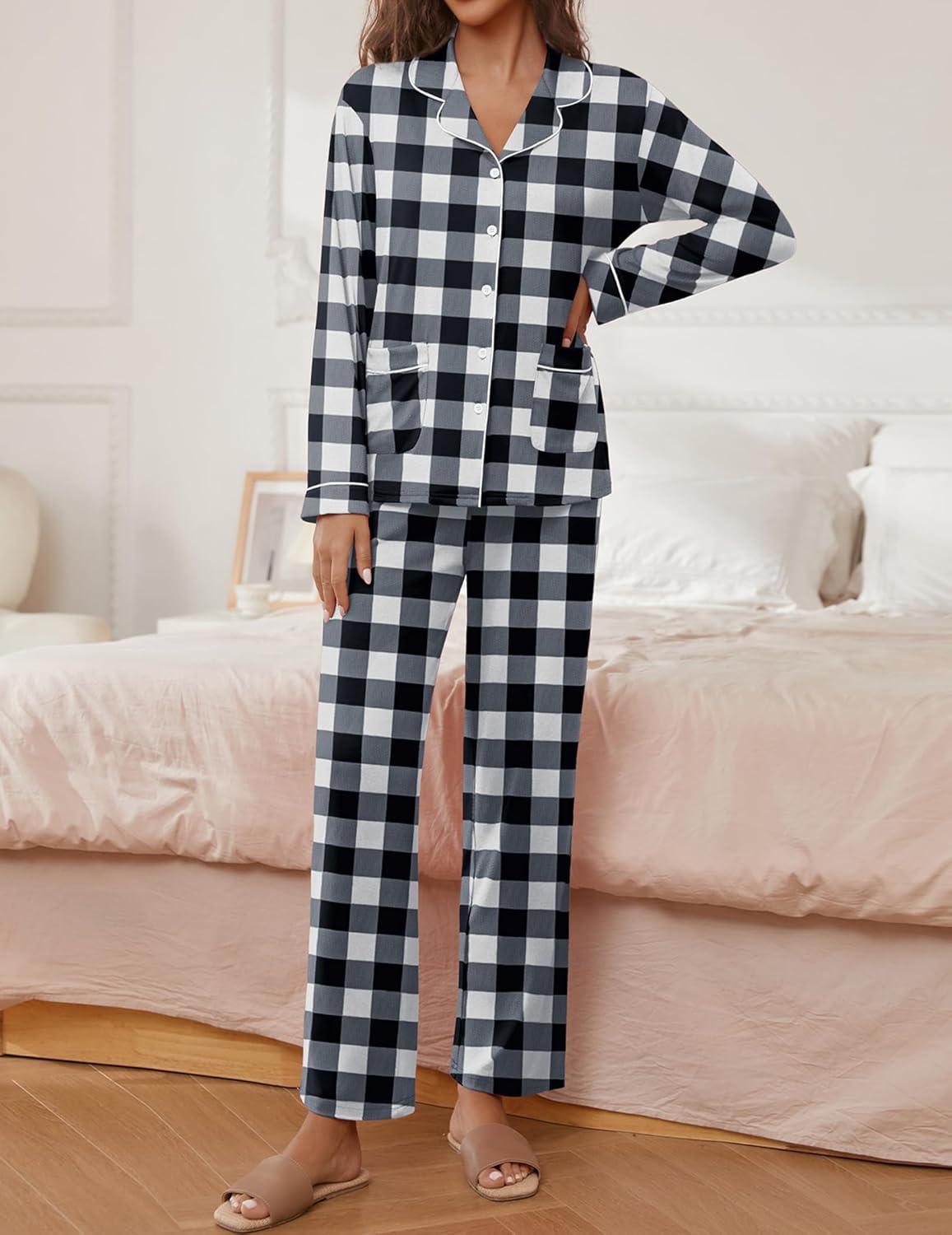 imageEkouaer Pajamas for Women Set Button Down Pj Long Sleeve Shirt and Pants Lounge Sets Fall Sleepwear with PocketsBlack Plaid