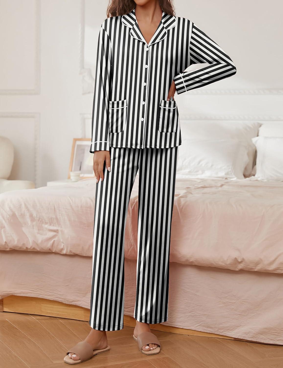 imageEkouaer Pajamas for Women Set Button Down Pj Long Sleeve Shirt and Pants Lounge Sets Fall Sleepwear with PocketsBlack Striped