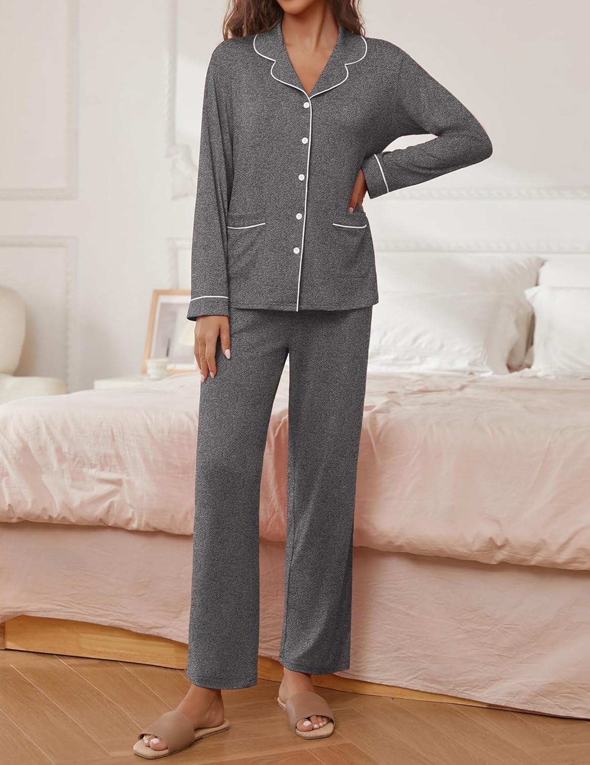 imageEkouaer Pajamas for Women Set Button Down Pj Long Sleeve Shirt and Pants Lounge Sets Fall Sleepwear with PocketsDark Heather Grey