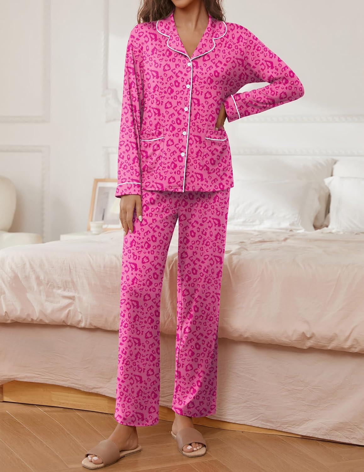imageEkouaer Pajamas for Women Set Button Down Pj Long Sleeve Shirt and Pants Lounge Sets Fall Sleepwear with PocketsHot Pink Leopard