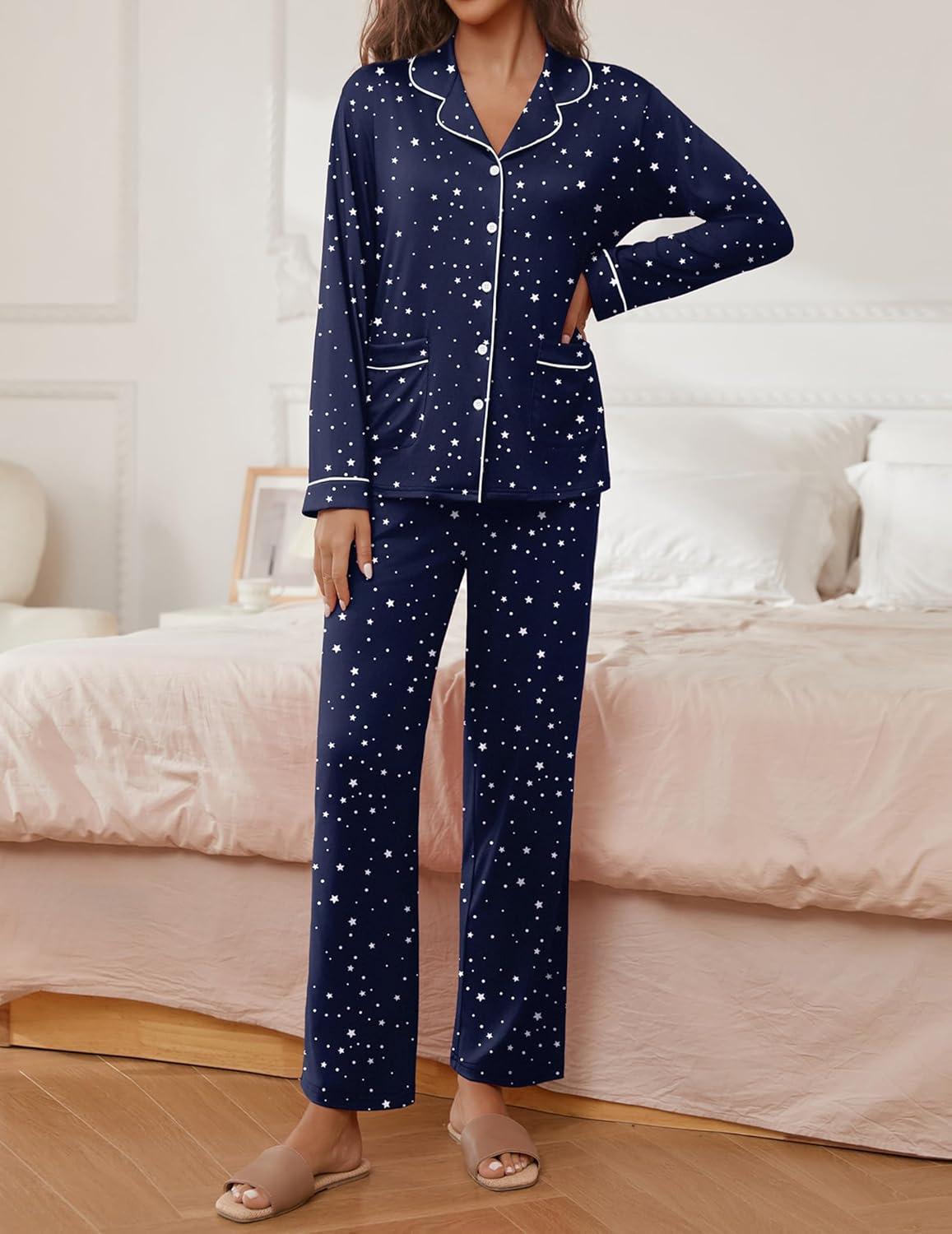 imageEkouaer Pajamas for Women Set Button Down Pj Long Sleeve Shirt and Pants Lounge Sets Fall Sleepwear with PocketsNavy Star