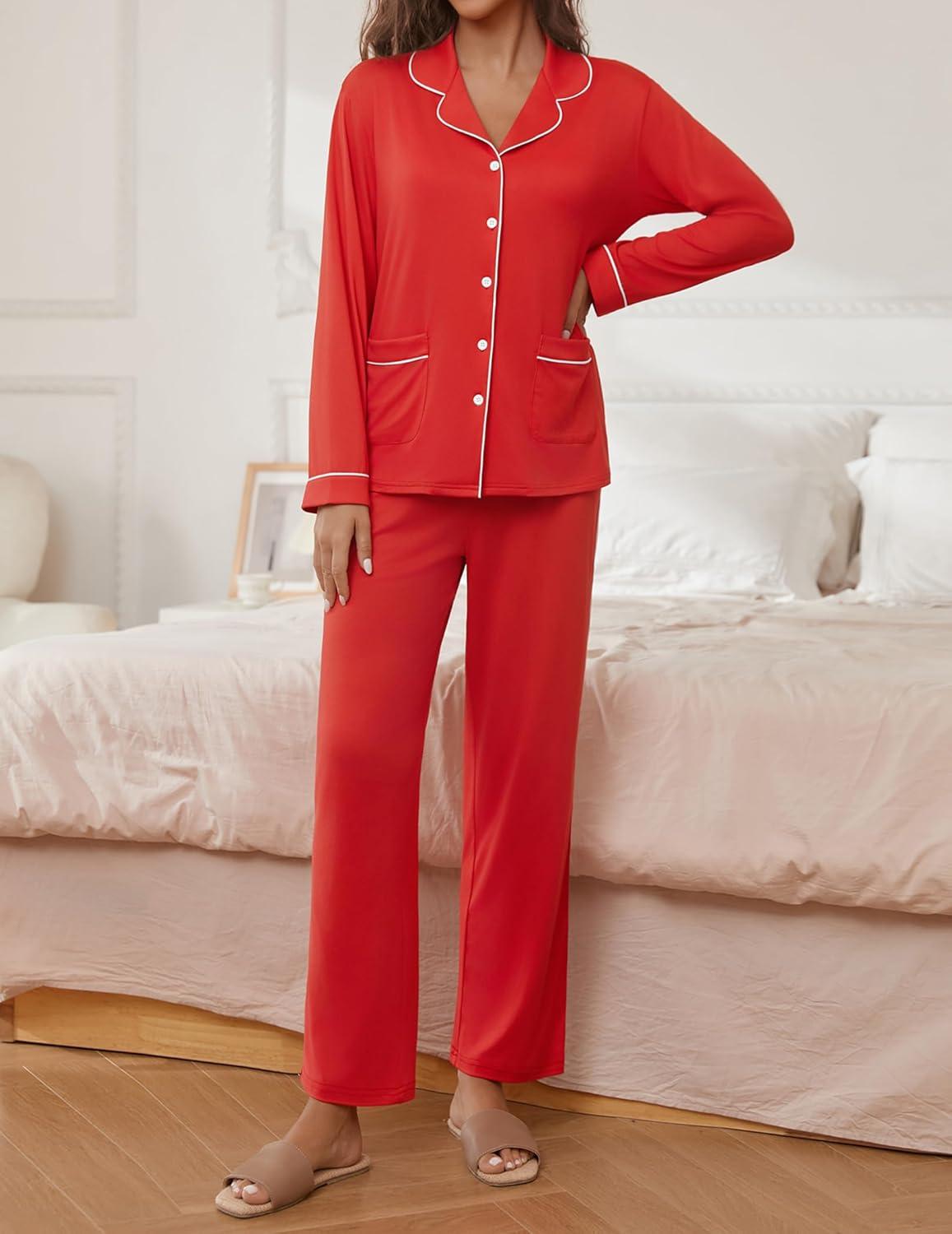 imageEkouaer Pajamas for Women Set Button Down Pj Long Sleeve Shirt and Pants Lounge Sets Fall Sleepwear with PocketsRed