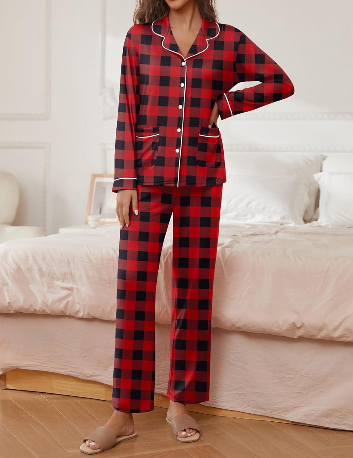 imageEkouaer Pajamas for Women Set Button Down Pj Long Sleeve Shirt and Pants Lounge Sets Fall Sleepwear with PocketsRed Plaid