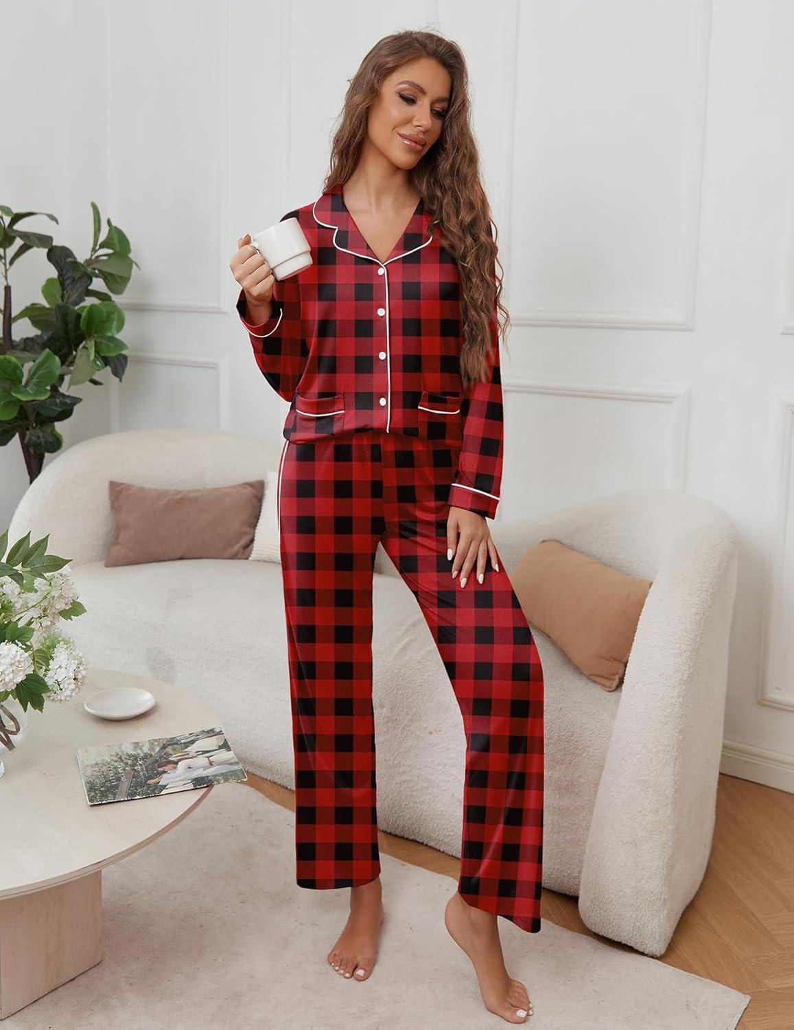 imageEkouaer Pajamas for Women Set Button Down Pj Long Sleeve Shirt and Pants Lounge Sets Fall Sleepwear with PocketsRed Plaid