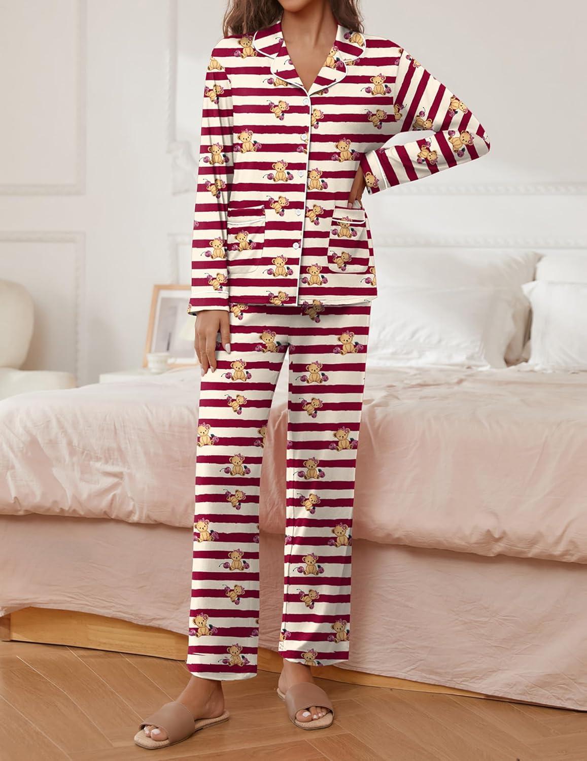 imageEkouaer Pajamas for Women Set Button Down Pj Long Sleeve Shirt and Pants Lounge Sets Fall Sleepwear with PocketsStriped Teddy