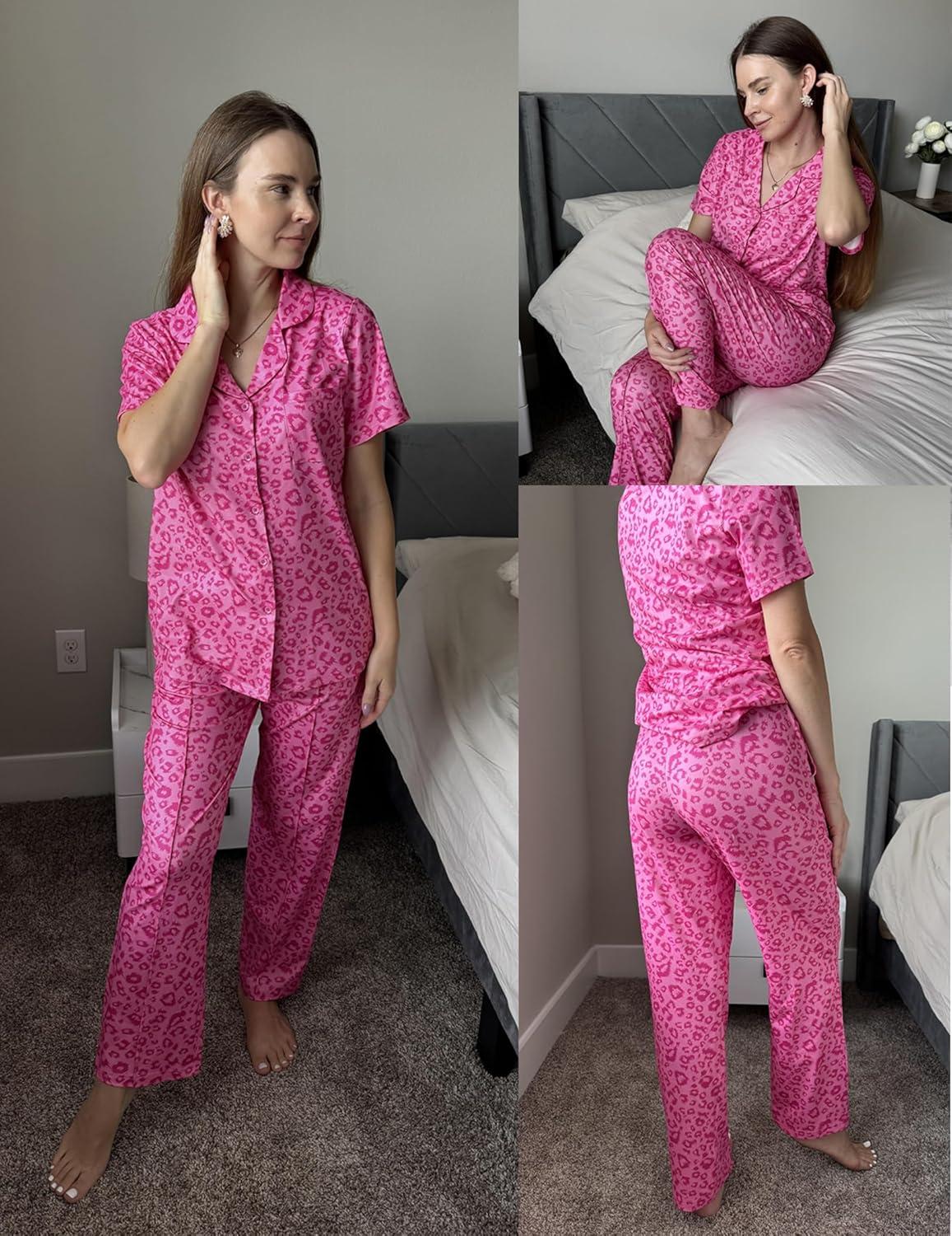 imageEkouaer Pajamas for Women Set Button Up Sleepswear 2 Piece Short Sleeve PJ Top and Long Pants Loungwear With Pocket SXXLHot Pink Leopard Print