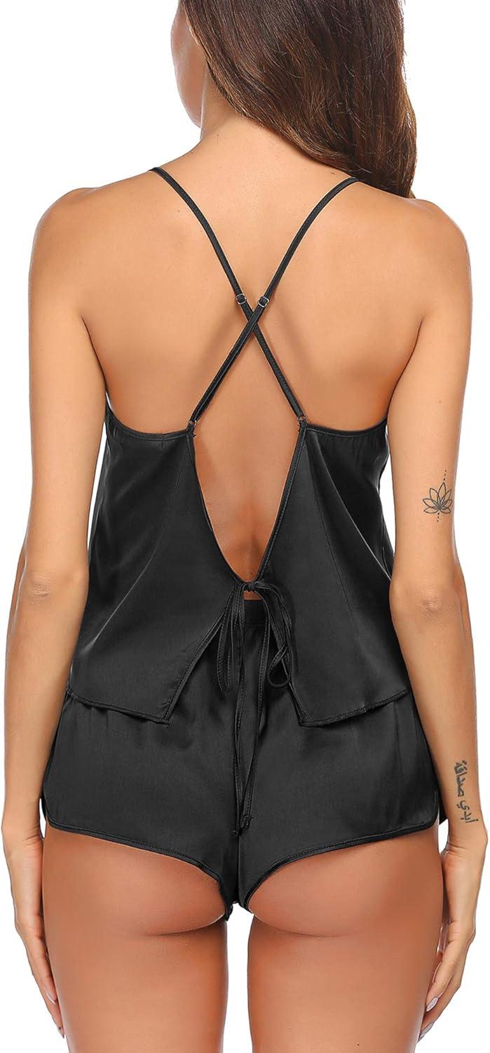 imageEkouaer Silk Pajamas Set for Women Satin Backless Lingerie Pjs Cami Top and Shorts NightwearBlack