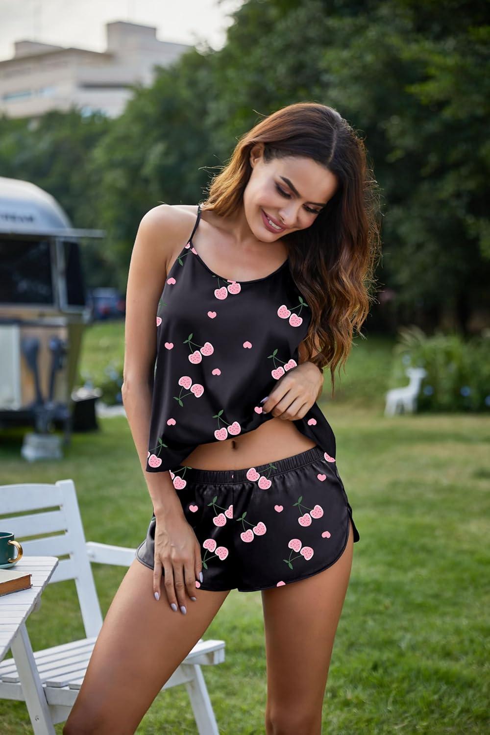 imageEkouaer Silk Pajamas Set for Women Satin Backless Lingerie Pjs Cami Top and Shorts NightwearBlack Cherry Print