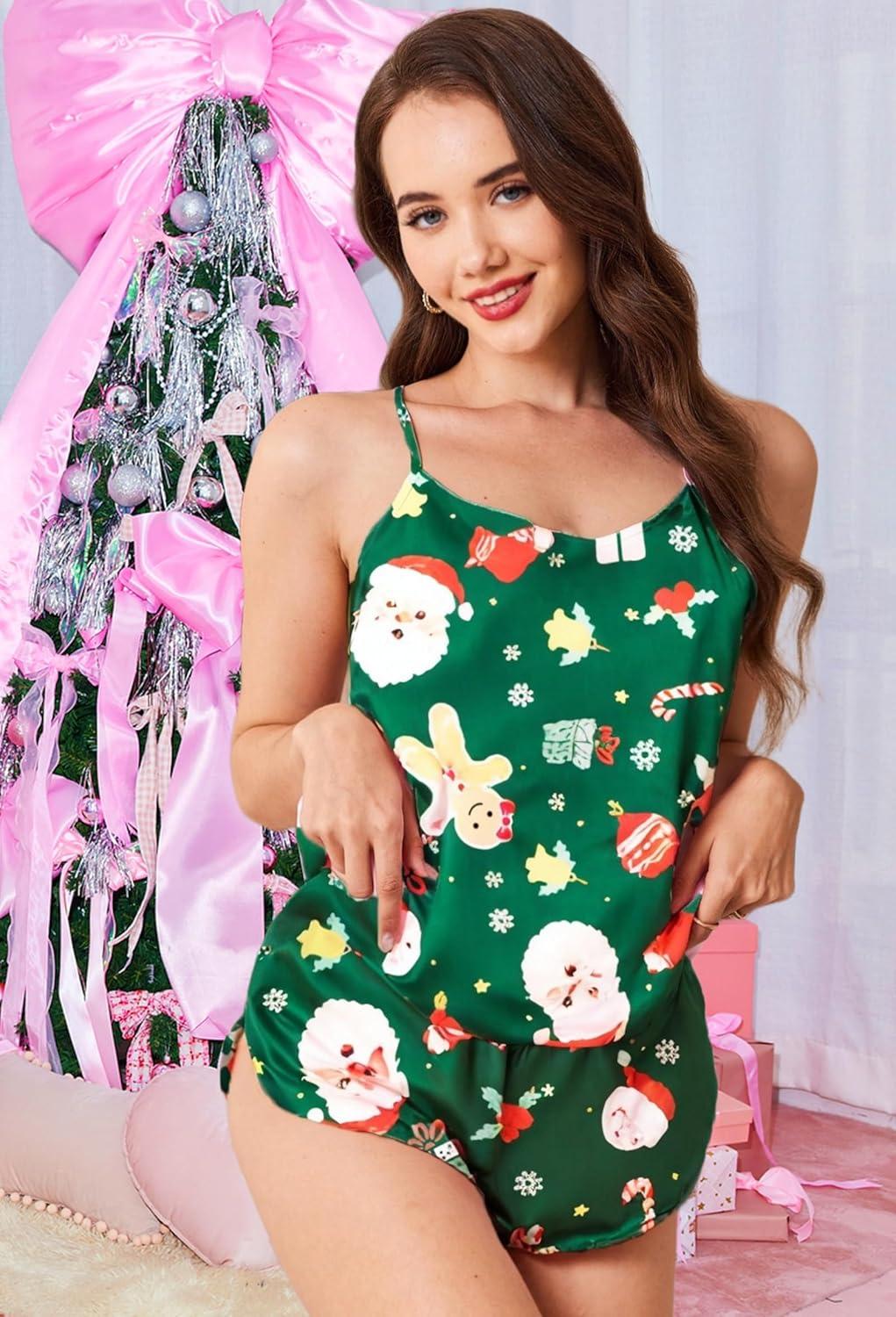 imageEkouaer Silk Pajamas Set for Women Satin Backless Lingerie Pjs Cami Top and Shorts NightwearChristmasgreensatan