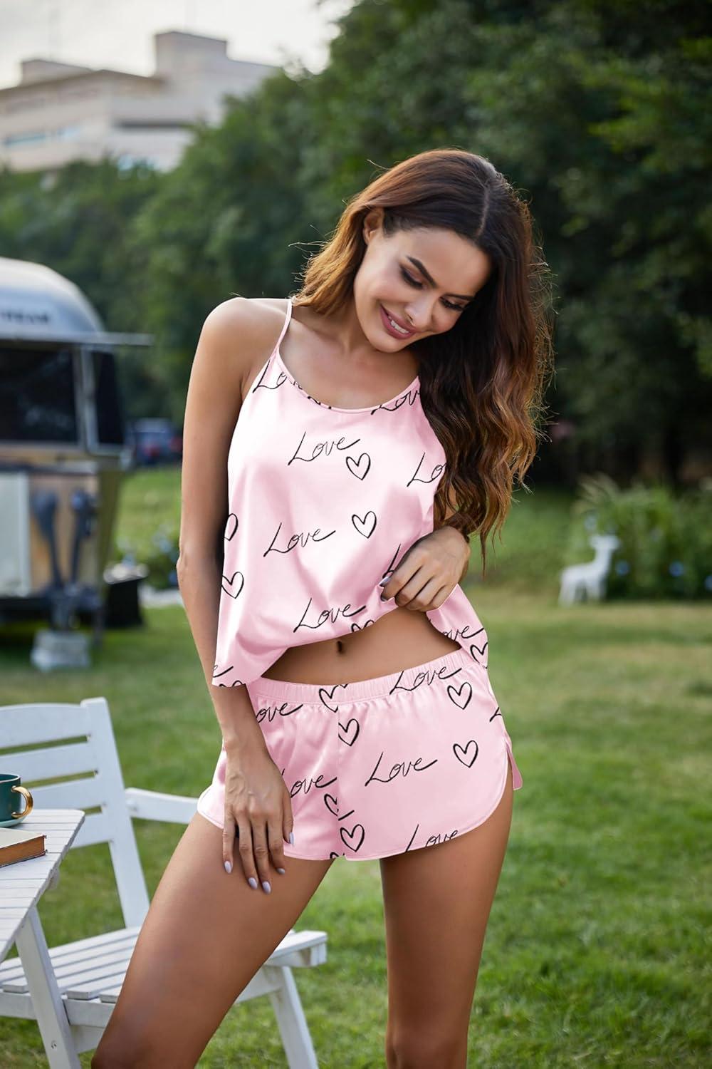 imageEkouaer Silk Pajamas Set for Women Satin Backless Lingerie Pjs Cami Top and Shorts NightwearPink Love