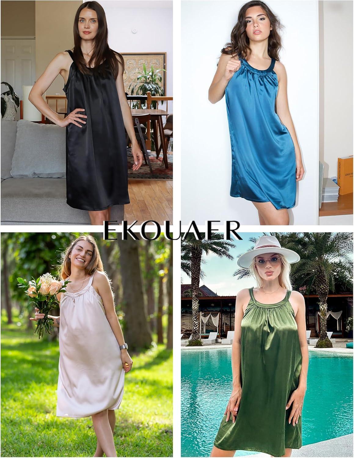 imageEkouaer Silky Satin Nightgown for Women Sleeveless Sleepwear Tank O Neck Night Shirts Pleated Sleepshirt Casual Dress S3XLCamel