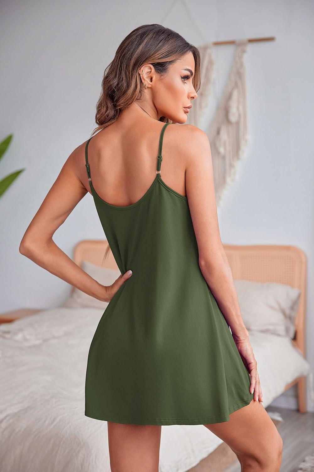 imageEkouaer Women Lace Nightgown Sexy Spaghetti Strap Cami Sleeveless Chemise Sleepwear Sleep DressArmy Green