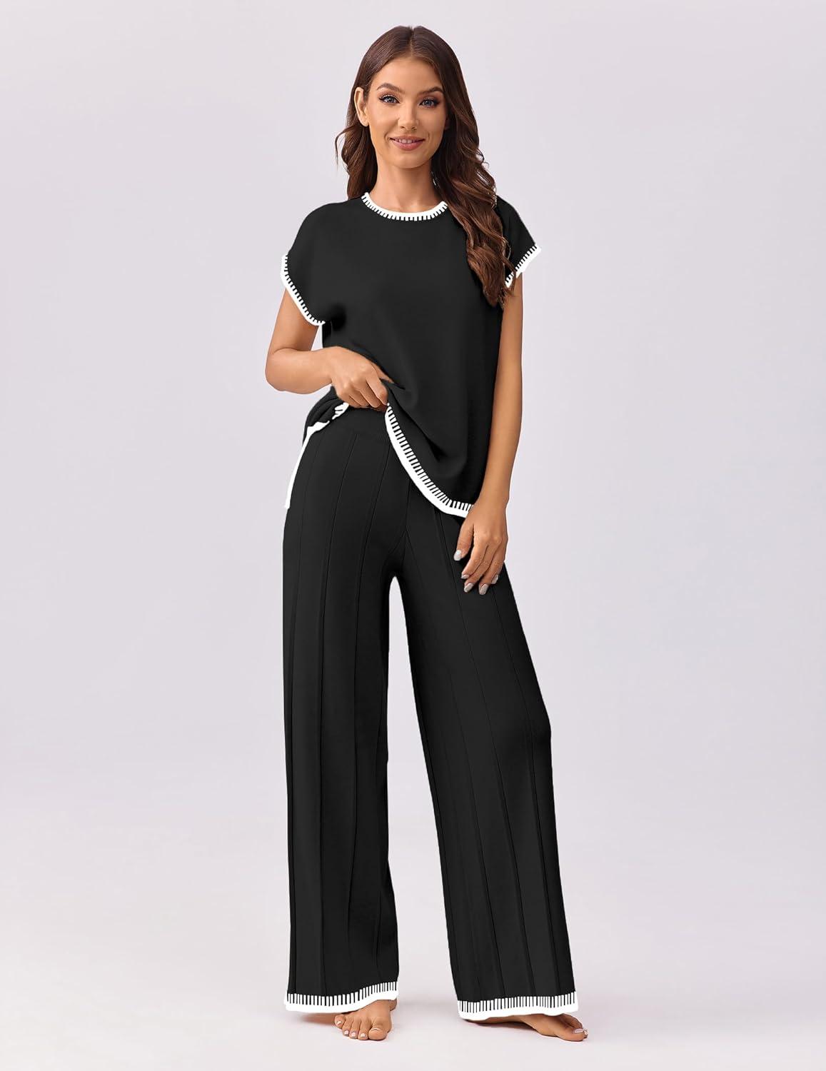 imageEkouaer Womens Matching Sets Knit Sweater Sets 2 Pieces Outfits Pullover Tops Wide Legs Pants Lounge SetBlack
